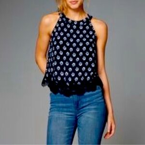Abercrombie & Fitch Navy Blue Floral Lace Trim Top Sz S